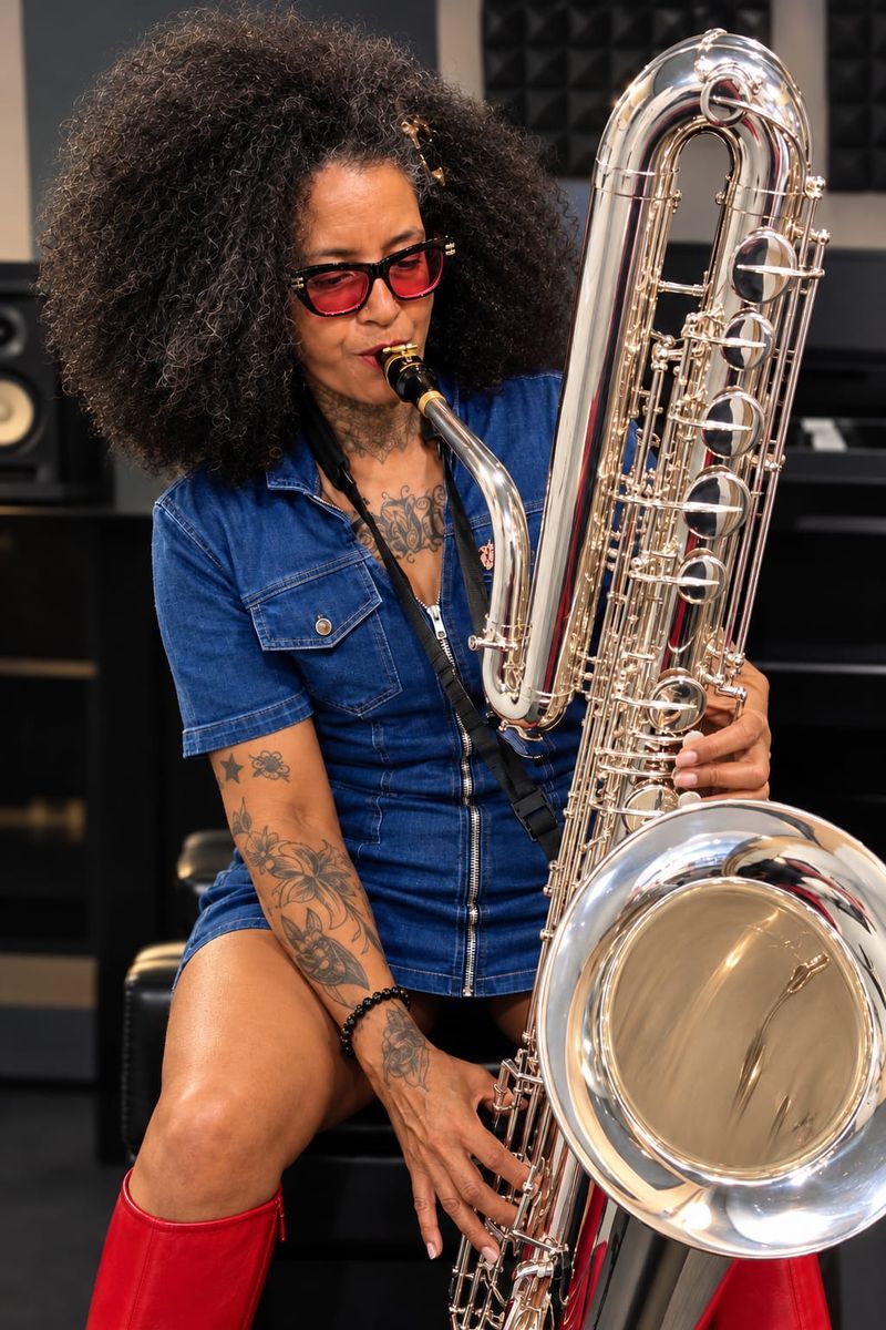 Rosemary Quaye, female bass saxophonist from Cheshire, playing a silver bass saxophone in a recording studio, wearing a denim dress and red boots